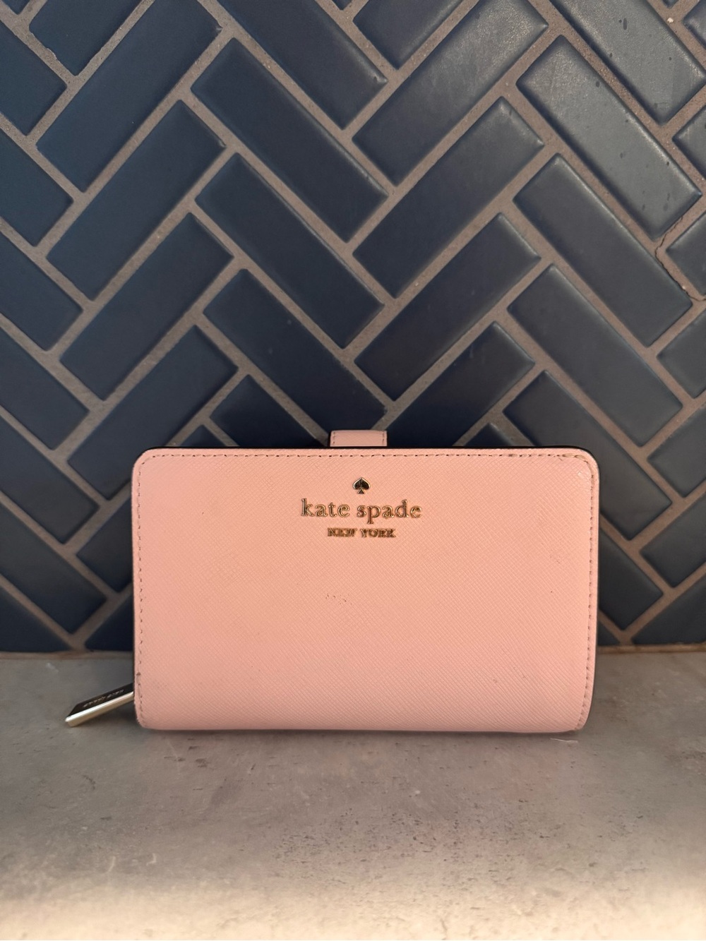 kate spade Pink Saffiano Compact Wallet with Gold Logo